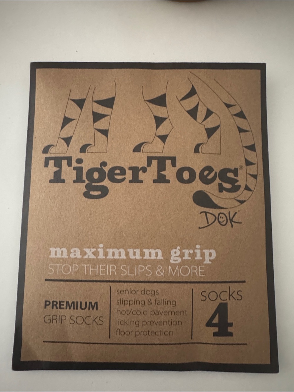 DOK TigerToes Premium Non-Slip Dog Socks - Size Large (Pack of 4)